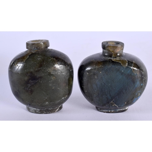 1926 - A RARE PAIR OF 19TH CENTURY CHINESE CARVED LABRADORITE STONE SNUFF BOTTLES Qing. 5.5 cm x 5 cm.