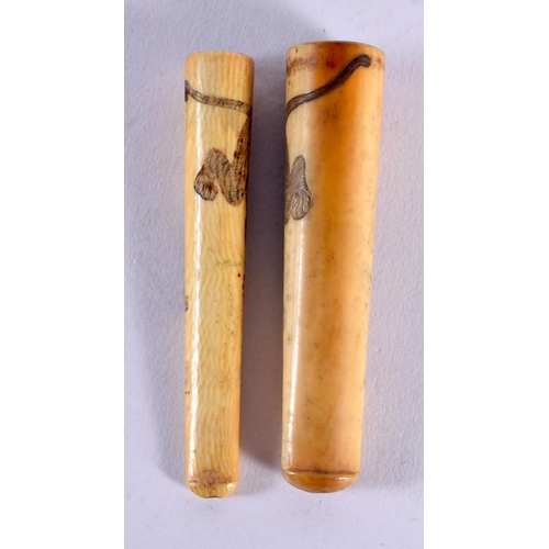 1930 - TWO 19TH CENTURY JAPANESE MEIJI PERIOD CARVED BONE CHEROOT HOLDERS. 7.5 cm long. (2)