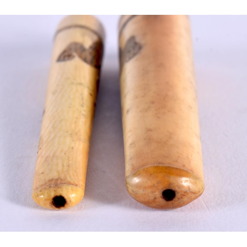 1930 - TWO 19TH CENTURY JAPANESE MEIJI PERIOD CARVED BONE CHEROOT HOLDERS. 7.5 cm long. (2)