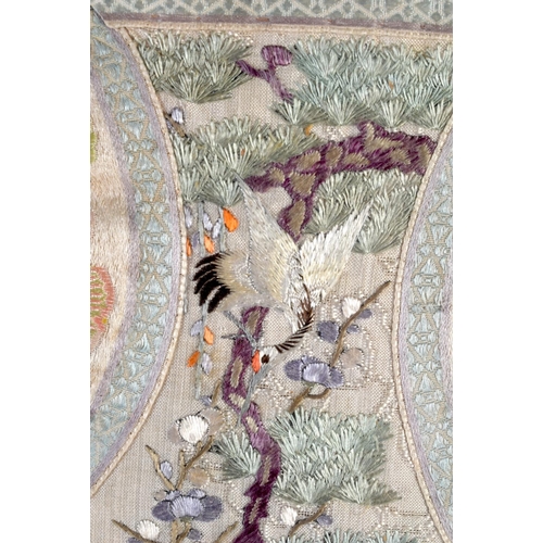 1935 - A 19TH CENTURY CHINESE SILKWORK EMBROIDERED PANEL Qing, depicting birds within landscapes. 60 cm x 3... 