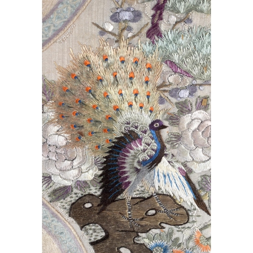 1935 - A 19TH CENTURY CHINESE SILKWORK EMBROIDERED PANEL Qing, depicting birds within landscapes. 60 cm x 3... 