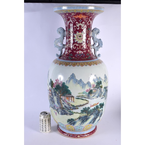 1939 - A VERY LARGE EARLY 20TH CENTURY CHINESE FAMILLE ROSE TWIN HANDLED VASE Late Qing/Republic, painted w... 