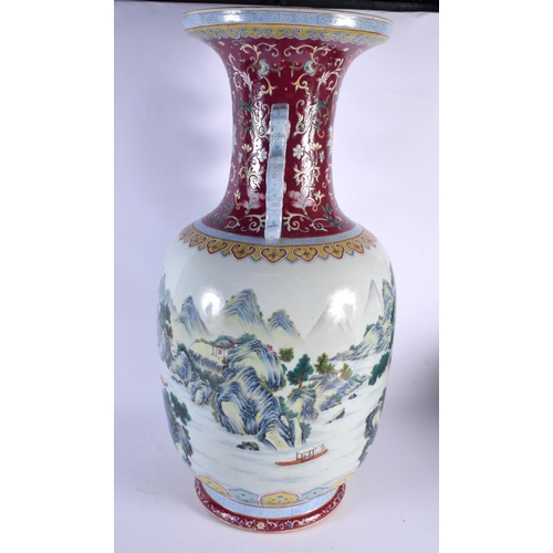 1939 - A VERY LARGE EARLY 20TH CENTURY CHINESE FAMILLE ROSE TWIN HANDLED VASE Late Qing/Republic, painted w... 