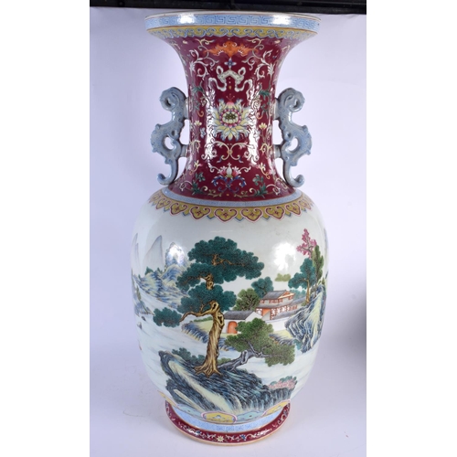 1939 - A VERY LARGE EARLY 20TH CENTURY CHINESE FAMILLE ROSE TWIN HANDLED VASE Late Qing/Republic, painted w... 