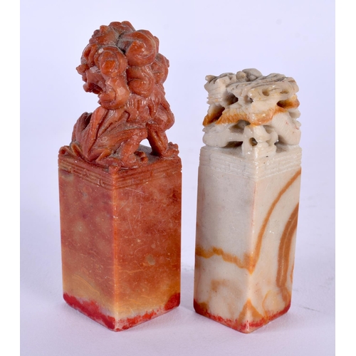 1955 - TWO EARLY 20TH CENTURY CHINESE SOAPSTONE SEALS Late Qing/Republic. Largest 8 cm high. (2)