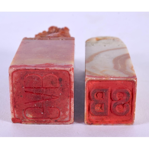 1955 - TWO EARLY 20TH CENTURY CHINESE SOAPSTONE SEALS Late Qing/Republic. Largest 8 cm high. (2)