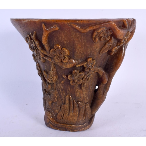 1958 - A LARGE CHINESE CARVED BUFFALO HORN TYPE LIBATION CUP 20th Century. 856 grams. 14 cm x 16 cm.