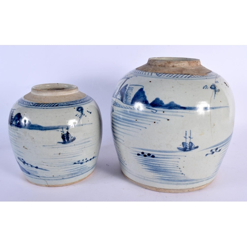 1960 - TWO 18TH CENTURY CHINESE EXPORT BLUE AND WHITE GINGER JARS Qianlong. Largest 21 cm x 18 cm. (2)