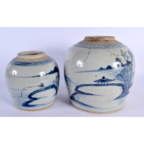 1960 - TWO 18TH CENTURY CHINESE EXPORT BLUE AND WHITE GINGER JARS Qianlong. Largest 21 cm x 18 cm. (2)