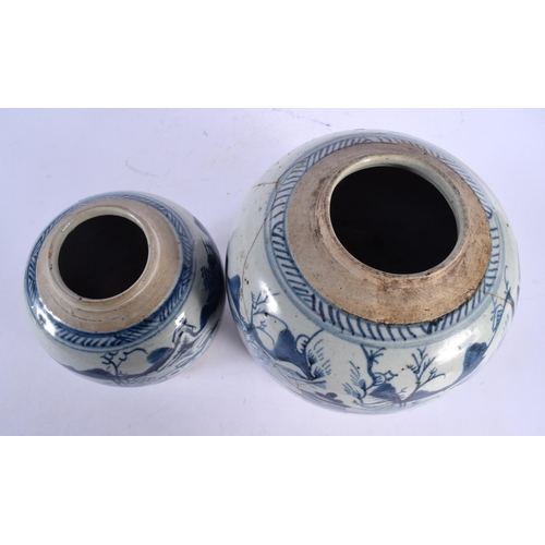 1960 - TWO 18TH CENTURY CHINESE EXPORT BLUE AND WHITE GINGER JARS Qianlong. Largest 21 cm x 18 cm. (2)