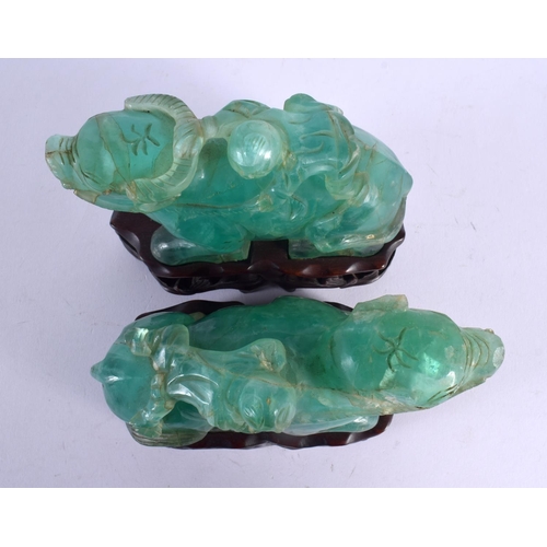 1964 - A PAIR OF 19TH CENTURY CHINESE CARVED GREEN QUARTZ BEASTS Qing. 15 cm x 15 cm.