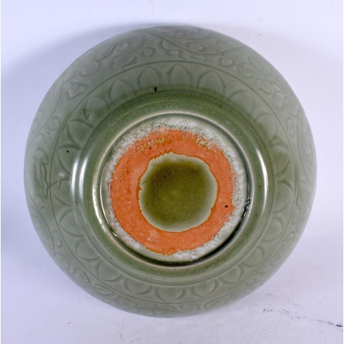 1980 - A CHINESE QING DYNASTY CELADON INCISED STONEWARE CENSER Ming style. 24 cm x 10 cm.