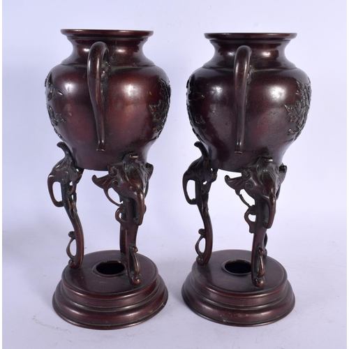 1984 - A LARGE PAIR OF 19TH CENTURY JAPANESE MEIJI PERIOD BRONZE VASES decorated with birds. 27 cm high.