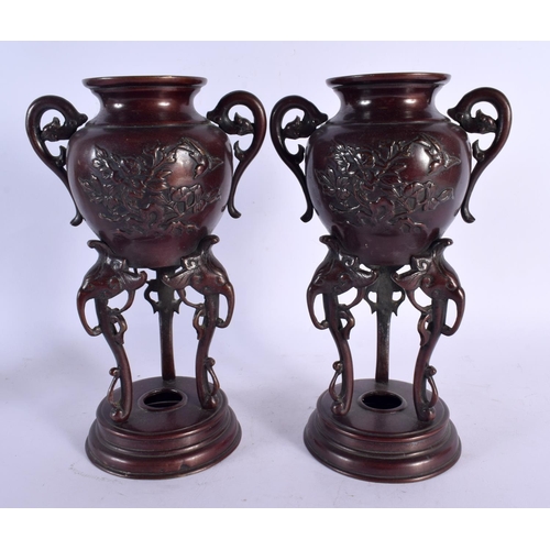 1984 - A LARGE PAIR OF 19TH CENTURY JAPANESE MEIJI PERIOD BRONZE VASES decorated with birds. 27 cm high.