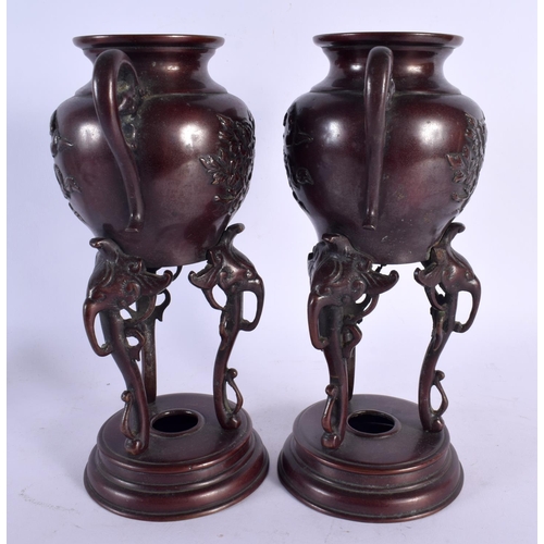 1984 - A LARGE PAIR OF 19TH CENTURY JAPANESE MEIJI PERIOD BRONZE VASES decorated with birds. 27 cm high.