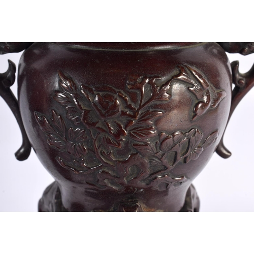 1984 - A LARGE PAIR OF 19TH CENTURY JAPANESE MEIJI PERIOD BRONZE VASES decorated with birds. 27 cm high.