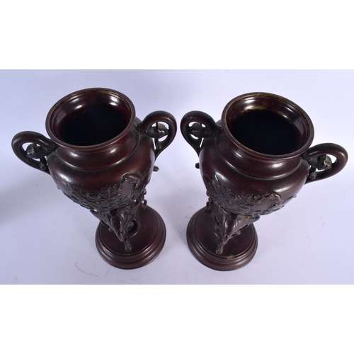 1984 - A LARGE PAIR OF 19TH CENTURY JAPANESE MEIJI PERIOD BRONZE VASES decorated with birds. 27 cm high.