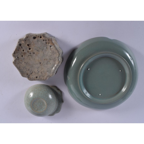 2005 - A LARGE CHINESE PALE BLUE GLAZED STONEWARE DISH together with a ginger jar etc. Largest 18 cm wide. ... 