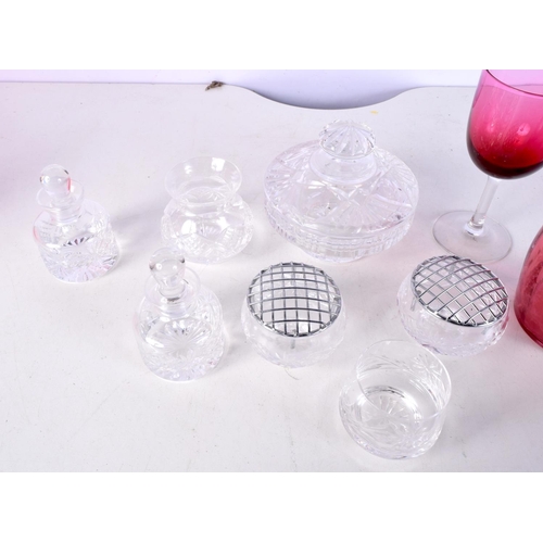 3011 - A collection of glass items ,scent bottles, Cranberry jug, wine glass etc largest 14 cm (9).