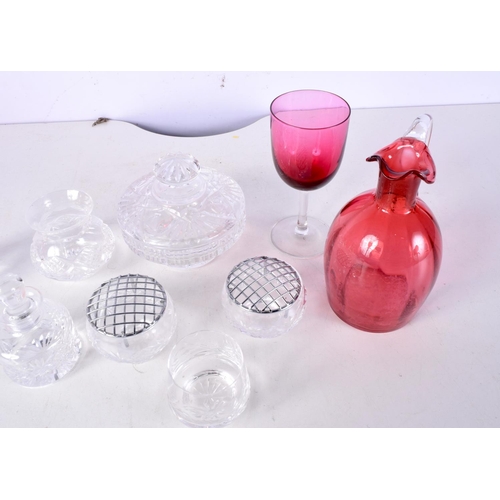 3011 - A collection of glass items ,scent bottles, Cranberry jug, wine glass etc largest 14 cm (9).