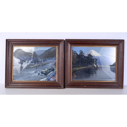 3062 - A pair of framed Chinese oil on boards depicting river scenes 23 x 28 cm.