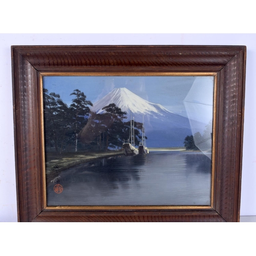 3062 - A pair of framed Chinese oil on boards depicting river scenes 23 x 28 cm.