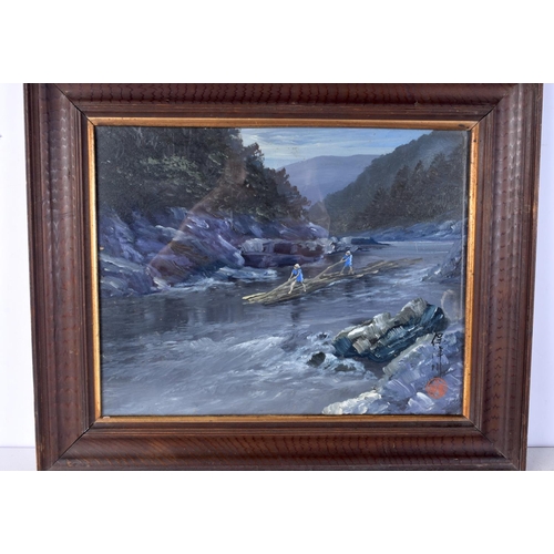 3062 - A pair of framed Chinese oil on boards depicting river scenes 23 x 28 cm.