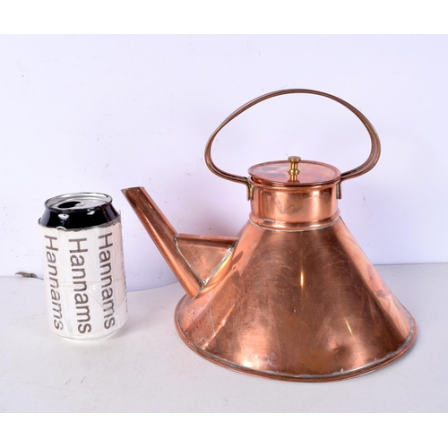 3081 - A set of weights in a fitted wooden case. Together with a Dresser style copper kettle 22 x 22 cm. (2... 