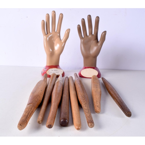 3082 - Two vintage Glove shop  display stands together with wooden glove stretchers (10)