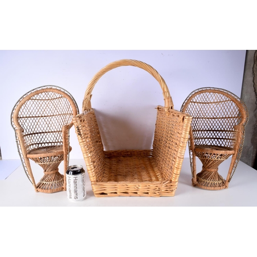 3083 - A pair of  wicker peacock chair plant stands together with a large log basket 41 cm (2).