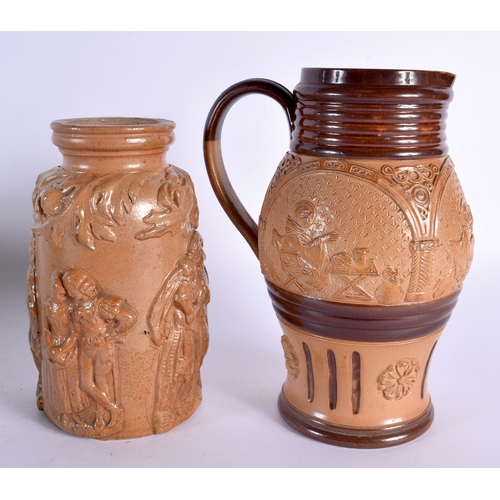 136 - AN ANTIQUE DOULTON STONEWARE MONK JUG together with a similar flask & a bowl with urn. Largest 25 cm... 