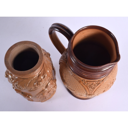 136 - AN ANTIQUE DOULTON STONEWARE MONK JUG together with a similar flask & a bowl with urn. Largest 25 cm... 