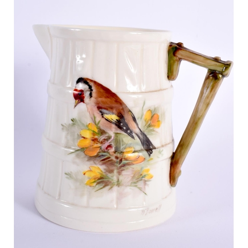 100 - Royal Worcester barrel shaped jug painted with a Goldfinch and another small jug painted with a Blue... 