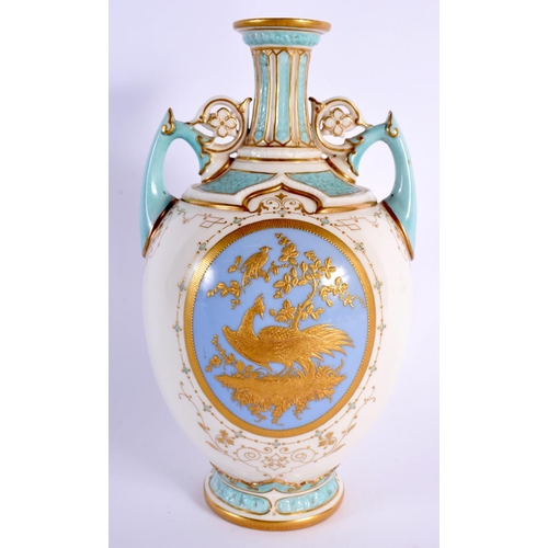 101 - Royal Worcester fine and rare vase with elaborate chased gilt bird decoration in Japanese style by T... 