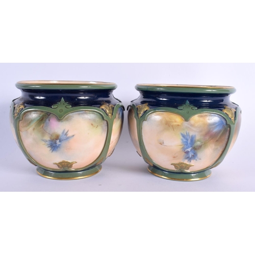 104 - Hadley Worcester good pair of jardinières each painted with blue flowers JHS mark in green c. 1900 8... 