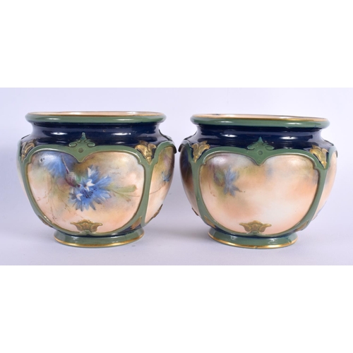 104 - Hadley Worcester good pair of jardinières each painted with blue flowers JHS mark in green c. 1900 8... 