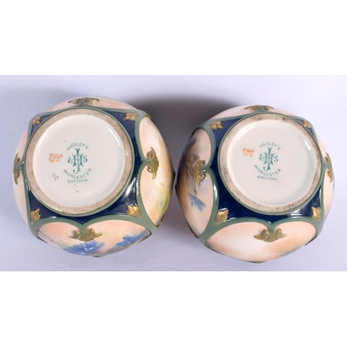 104 - Hadley Worcester good pair of jardinières each painted with blue flowers JHS mark in green c. 1900 8... 