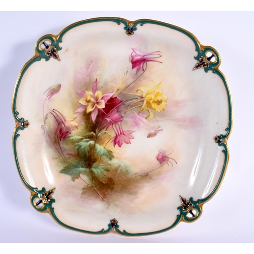 106 - Hadley Worcester dish with moulded pierced rim painted with flowers under green coloured clays, Hadl... 