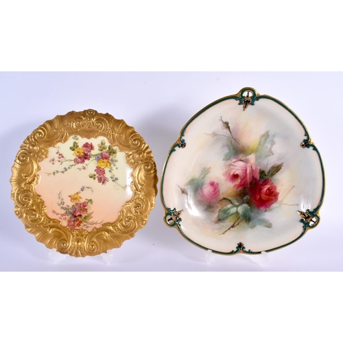 107 - Royal Worcester rare plate with wide moulded heavily gilt border painted with flowers on a blue grou... 