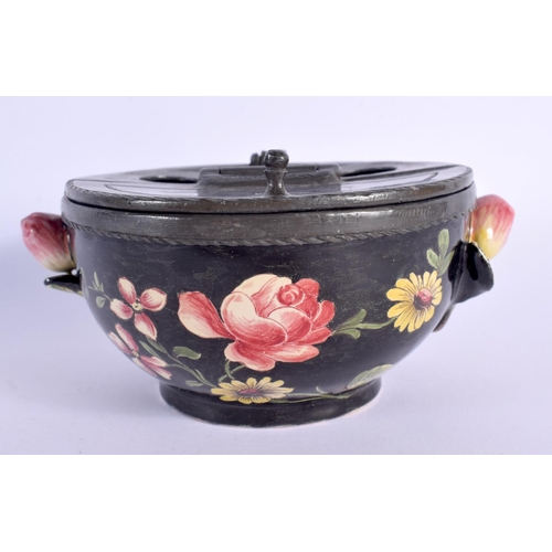 11 - AN 18TH CENTURY FRENCH FAIENCE TWIN HANDLED POTTERY INKWELL painted with flowers and vines. 13.5 cm ... 