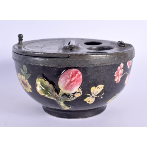 11 - AN 18TH CENTURY FRENCH FAIENCE TWIN HANDLED POTTERY INKWELL painted with flowers and vines. 13.5 cm ... 