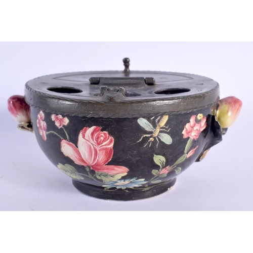 11 - AN 18TH CENTURY FRENCH FAIENCE TWIN HANDLED POTTERY INKWELL painted with flowers and vines. 13.5 cm ... 