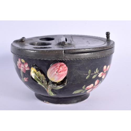 11 - AN 18TH CENTURY FRENCH FAIENCE TWIN HANDLED POTTERY INKWELL painted with flowers and vines. 13.5 cm ... 