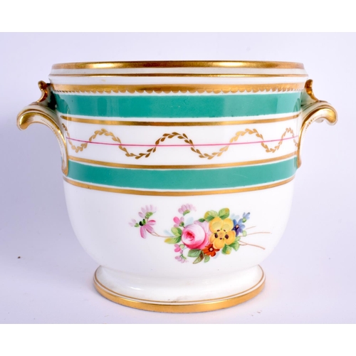 115 - Mid 19th century Minton cache pot painted with two bouquets of flowers under two green and and a lea... 