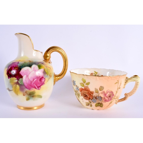 122 - Royal Worcester jug painted with roses in Hadley style, date mark 1926, a blush ivory moulded cup an... 