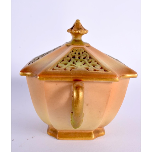 123 - Royal Worcester green and blush ivory reticulated two handled box and cover, date mark 1909 8.5x11cm