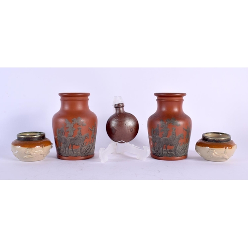 13 - AN UNUSUAL PAIR OF 19TH CENTURY ENGLISH STONEWARE JARS together with a pair of salts & a flask. Larg... 