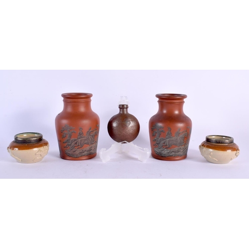 13 - AN UNUSUAL PAIR OF 19TH CENTURY ENGLISH STONEWARE JARS together with a pair of salts & a flask. Larg... 