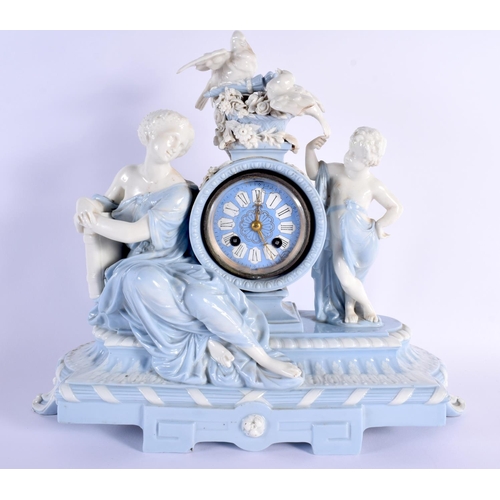 134 - 19th century very rare Minton parian figural clock, in light blue and white, depicting a woman, chil... 