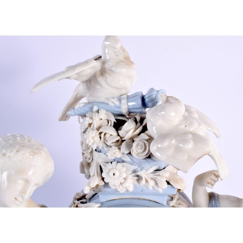 134 - 19th century very rare Minton parian figural clock, in light blue and white, depicting a woman, chil... 